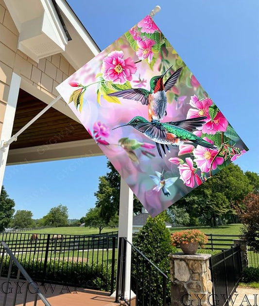 Hummingbird Spring House Flag for Outside 28x40 Inch Double Sided Floral Birds Yard Outdoor Flag for Seasonal Farmhouse Outdoor Decoration