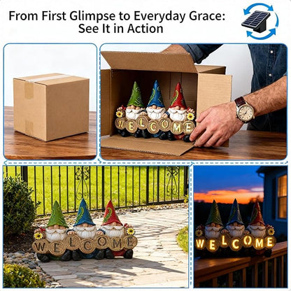 Garden Gnomes Solar Powered Welcome Statue, Outdoor Patio Yard Decor, Durable Resin, for Mom/Grandma, Anniversary & Easter Gifts for Women/Grandkids, Perfect for Spring Gardening