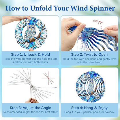 Wazzio Owl Wind Spinners Outdoor, Owl Gifts for Women Men Wife Mom Husband Dad Grandpa, Hanging Wind Sculptures Spinners for Christmas, 12 inch Outdoor Indoor Hanging Ornament for Garden Porch