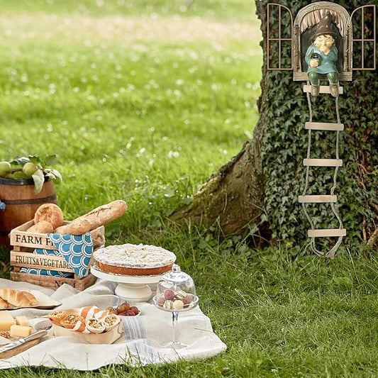 Thyle 4 Pieces Garden Gnomes Outdoor Tree Hugger Gnome Fairy Statue Elf Out the Door Resin Figurine Hanging Ladder Decoration Tree Faces Decor Outdoor for Patio Yard Lawn(Rustic Style)