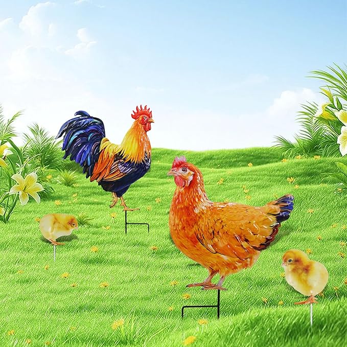 4 Pack Chicken Metal Decorative Garden Stakes Chicken Gifts for Women/Men Chicken Lovers Gifts Silhouette Statues for Yard Art, Outside, Patio, Outdoor Decor, Garden Decorations, Lawn Ornaments