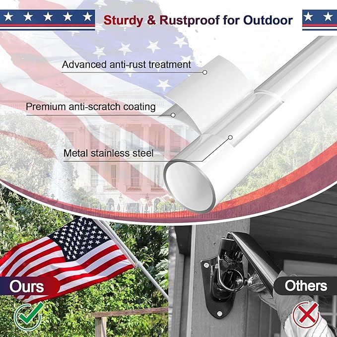 Flag Pole Kit with 3x5 American Flag Outdoor - 7ft Tangle Free Metal Flagpole with Holder Bracket & Embroidered US Flags - Rustproof Heavy Duty for Outside House Porch Garage Mount - White