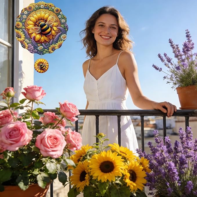 Rngmsi Sunflower Wind Spinners Outdoor Garden Decor for Outside, 3D Metal Bee Wind Spinner Hanging Decor Kinetic Art for Yard, 12 in Stainless Steel Hanging Gifts for Women Housewarming