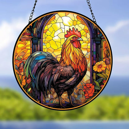 Rooster Acrylic Window Hanging, Colourful Cockerel Farm Animal Stained Acrylic Window Decor Hanging Ornaments Indoor Outdoor Garden Stained Art Panel Gift for Women Christmas Thanksgiving