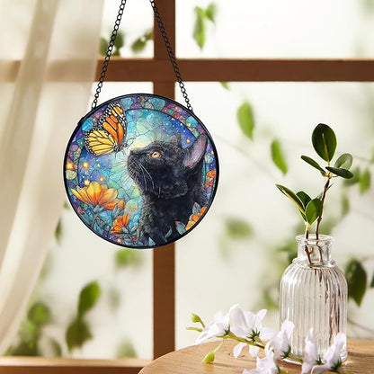 Black Cat Butterfly Suncatchers Stained Glass Window Hanging, Cottagecore Flower Butterfly Black Cat Sun Catchers Indoor Window Glass Round Wall Decor, Gifts for Pet Lovers 7.9x7.9in