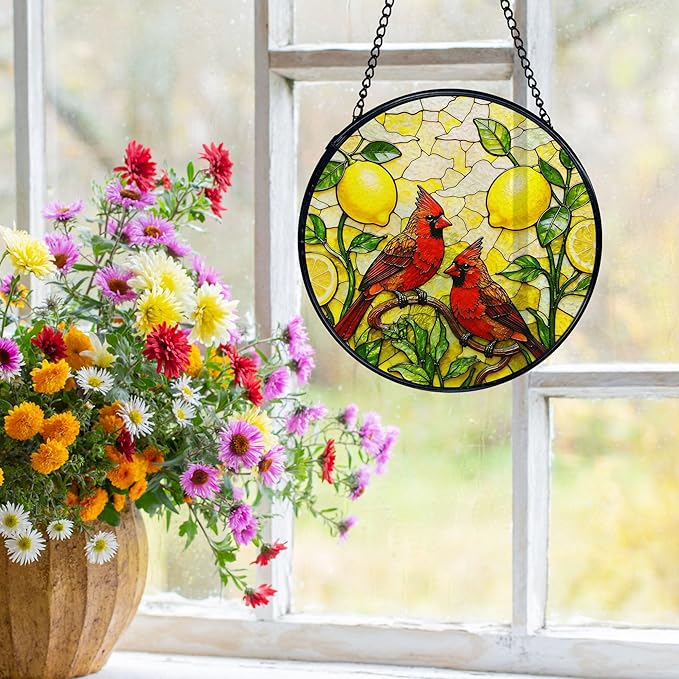 Lemon Cardinal Suncatchers Stained Glass Window Hanging, Lemon Kitchen Decor, Red Cardinal Sun Catchers Indoor Window Glass Round Wall Decor, Kitchen Mediterranean Wall Hanging, 7.9x7.9in