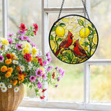 Lemon Cardinal Suncatchers Stained Glass Window Hanging, Lemon Kitchen Decor, Red Cardinal Sun Catchers Indoor Window Glass Round Wall Decor, Kitchen Mediterranean Wall Hanging, 7.9x7.9in