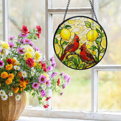 Lemon Cardinal Suncatchers Stained Glass Window Hanging, Lemon Kitchen Decor, Red Cardinal Sun Catchers Indoor Window Glass Round Wall Decor, Kitchen Mediterranean Wall Hanging, 7.9x7.9in