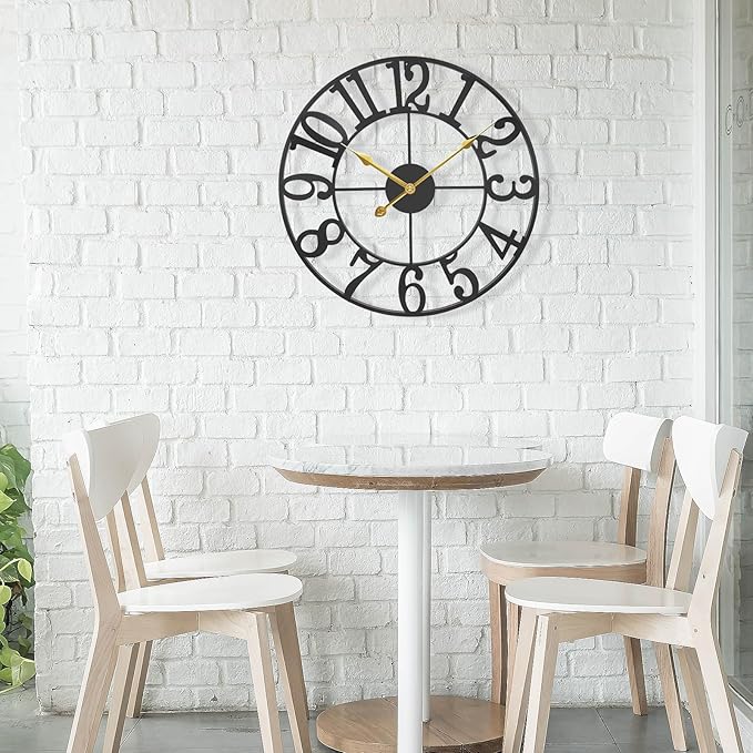 Large Outdoor Clock for Patio - Black Metal Art Arab Decorative Clock for Farmhouse, Kitchen, Porch, Pool Side, Deck, Modern Wall Clock Silent Battery Operated - 16 Inch