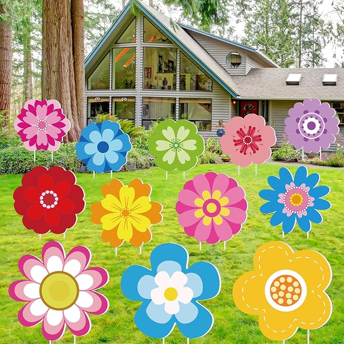 Amyhill 12 Pcs Spring Flower Yard Signs Decoration for Outdoor Floral Garden Lawn Signs with Stakes Waterproof Hello Spring Decor for Easter Festive Holiday Party Patio Lawn Walkway Decorations