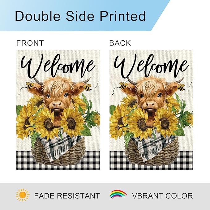 DLZDN Welcome Summer Garden Flag Sunflower Highland Cow Garden Flag 12×18 Inch Double Sided Buffalo Plaid Farmhouse Yard Flag Spring Summer Seasonal Outdoor Decor