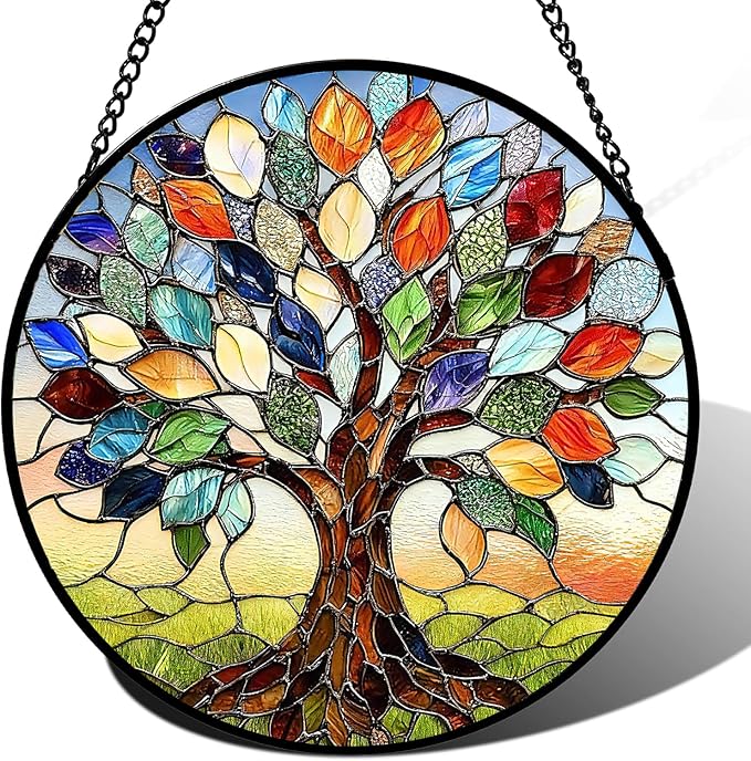 Stained Glass Window Hanging, Tree of Life Suncatcher for Window Doors Garden Home Decoration, Colorful Leaves Glass Panel Ornaments for Women,Men,Wife, Lovers, and Mom 7.8×7.8 in