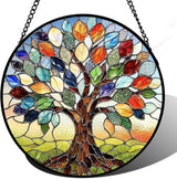 Stained Glass Window Hanging, Tree of Life Suncatcher for Window Doors Garden Home Decoration, Colorful Leaves Glass Panel Ornaments for Women,Men,Wife, Lovers, and Mom 7.8×7.8 in