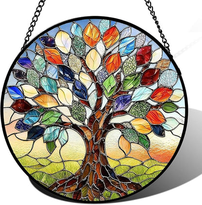 Stained Glass Window Hanging, Tree of Life Suncatcher for Window Doors Garden Home Decoration, Colorful Leaves Glass Panel Ornaments for Women,Men,Wife, Lovers, and Mom 7.8×7.8 in