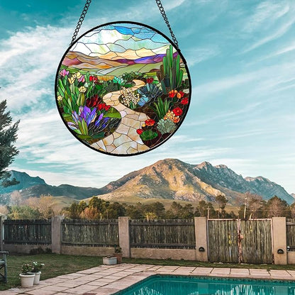Stained Glass Window Hanging Colorful Wildflowers Mountain Scenery 6.3" - Suncatcher Door Garden Sunroom Sun Catcher Decor Birthday Christmas for Mom Men Woman Nana