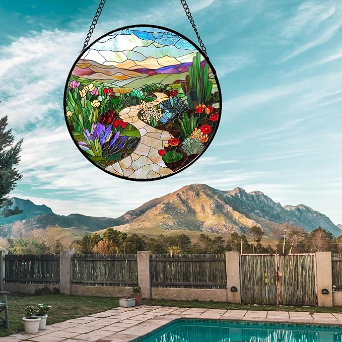 Stained Glass Window Hanging Colorful Wildflowers Mountain Scenery Large 11.8" - Suncatcher Door Garden Sunroom Sun Catcher Decor Birthday Christmas for Mom Men Woman Nana