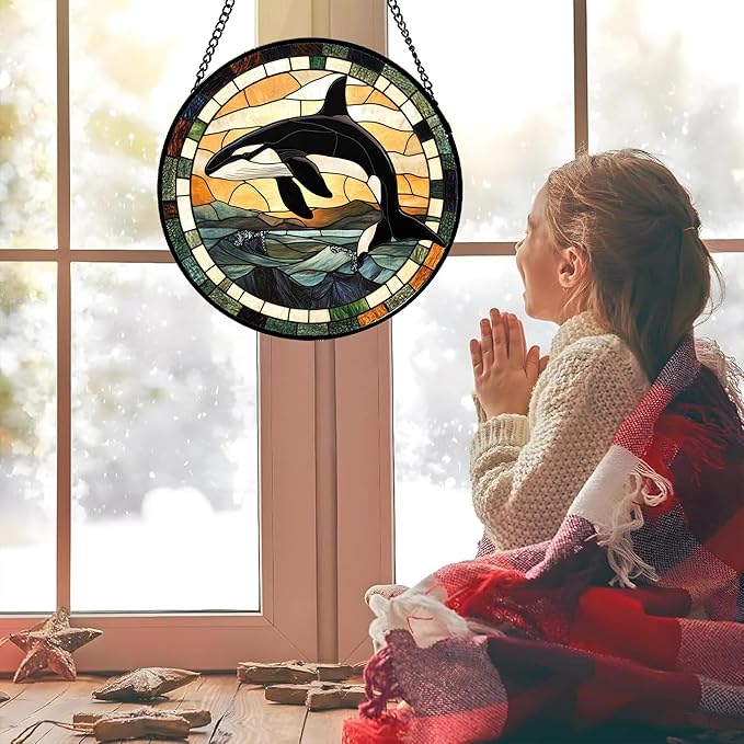 Stained Glass Window Hanging Ocean Wave Killer Whale 7.8" - Suncatcher Door Garden Sunroom Sun Catcher Home Decor Birthday Christmas for Mom Men Woman Nana
