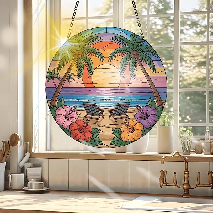 VAIIEYO Beach Sun Catcher Stained Glass Window Hanging Ornament, Handmade Summer Sun Catcher Chair Decoration with Hooks for Window Garden Home, Mother's Day & Birthday Housewarming Gift (7.8 inch)