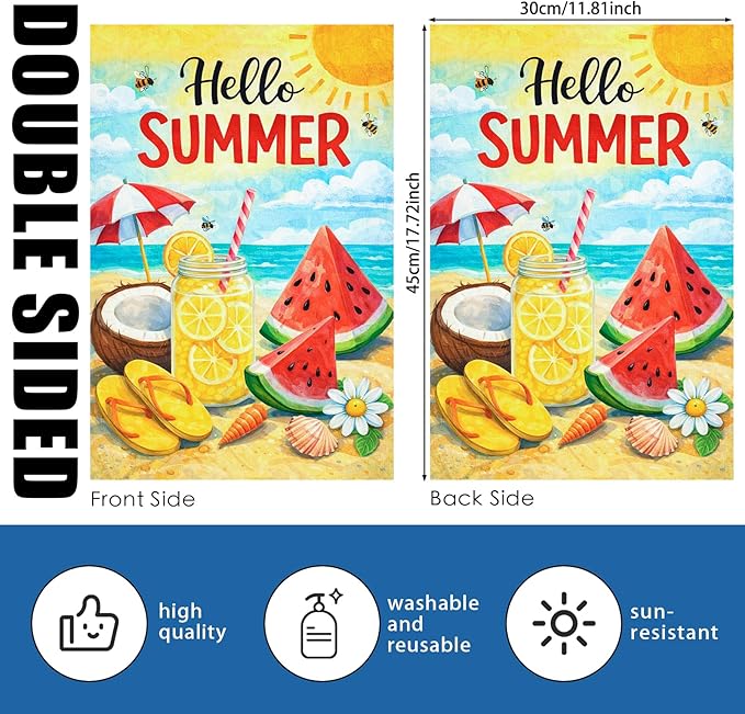 Nuxovilar Summer Garden Flag Hello Summer Lemon Watermelon Beach Pattern Polyester 12x18 Inches Garden Flags for Outside Seasonal Decor Yard Porch Lawn