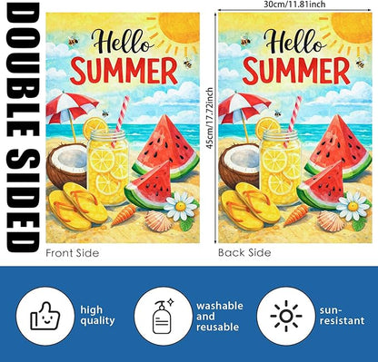 Nuxovilar Summer Garden Flag Hello Summer Lemon Watermelon Beach Pattern Polyester 12x18 Inches Garden Flags for Outside Seasonal Decor Yard Porch Lawn