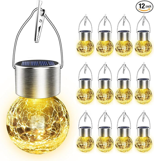 Solar Hanging Lanterns Outdoor: 12 Pack Cracked Glass Ball Lights with Clip - Waterproof Warm White Fairy Globe Lighting Yard Tree Ornaments - Gardening Gifts for Mom Grandma
