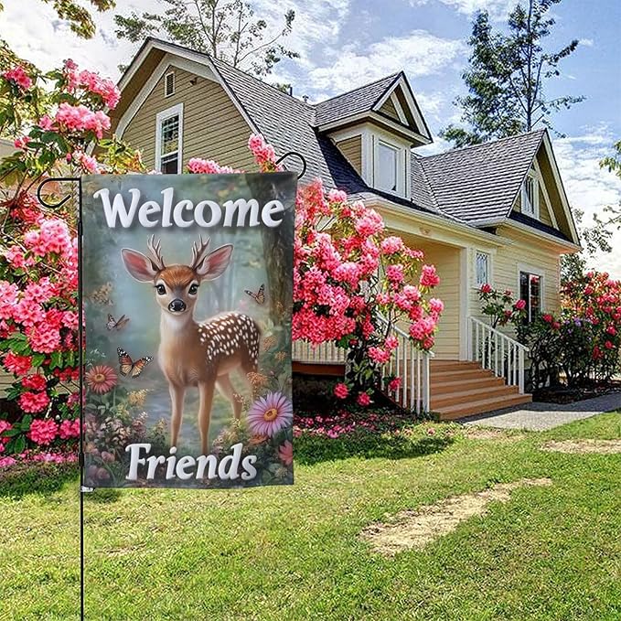 Beautiful Deer Garden Flags 12×18 Inch Welcome Friends Double Sided Decorative Yard Banner Seasonal Flag for Outdoor Outside Decor