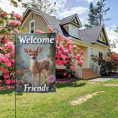 Beautiful Deer Garden Flags 12×18 Inch Welcome Friends Double Sided Decorative Yard Banner Seasonal Flag for Outdoor Outside Decor