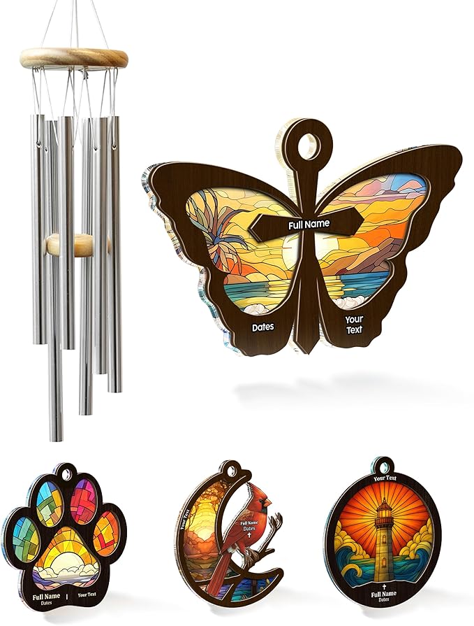 Personalized Sympathy Suncatcher Wind Chimes for Loss of Loved One, 17 Inches, Butterfly - Add Custom Text - Metal Tubes and Suncatcher