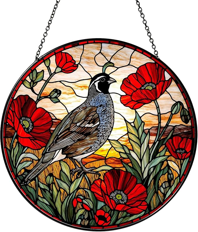 California Quail on Poppies Branch Stained Glass Window Hanging Poppies Sun Catcher Quail Gifts for Women Handmade Suncatchers Decoration for Garden Home Windows Hanging, 7.87inch
