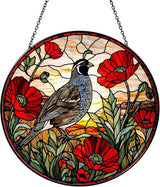California Quail on Poppies Branch Stained Glass Window Hanging Poppies Sun Catcher Quail Gifts for Women Handmade Suncatchers Decoration for Garden Home Windows Hanging, 7.87inch