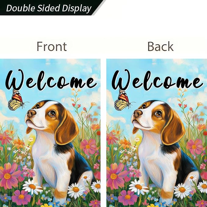 BlissYard Welcome Garden Flag Double Sided 12x18 Inch Cute Beagle Dog Flowers Seasonal Spring Small Flags For Outside Outdoor Decor Yard Farmhouse Holiday Spring Summer Decorations Yard Flags