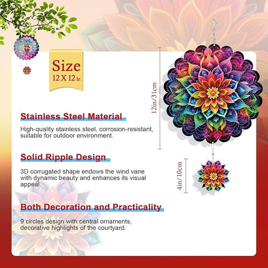Rngmsi Mandala Wind Spinners Outdoor Garden Decor for Outside, 3D Metal Wind Spinner Hanging Decor Kinetic Art for Yard, 12 Inches Stainless Steel Hanging Mandala Gifts for Women