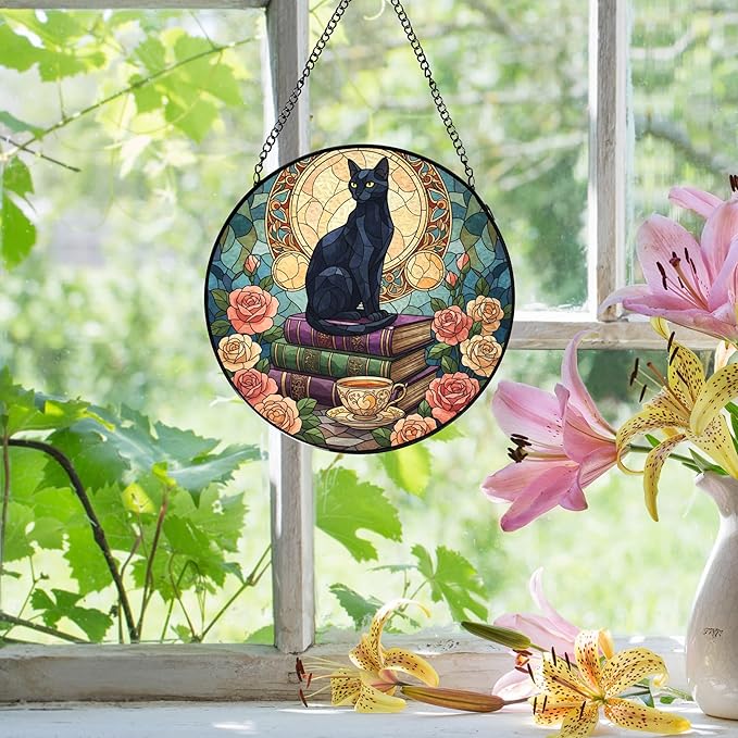 Black Cat Floral Book Stained Glass Window Hanging, Black cat suncatcher,Beautiful Flowers Book Lovers Stained Glass Suncatcher, Book Reader Gifts Round Wall Hanging Decor, 7.9x7.9in