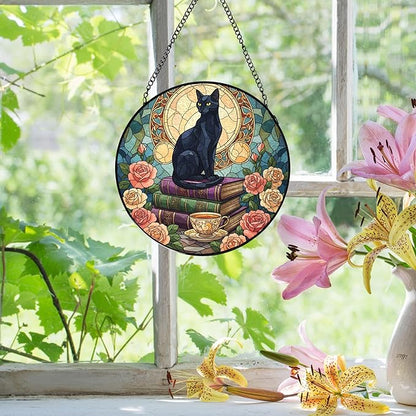 Black Cat Floral Book Stained Glass Window Hanging, Black cat suncatcher,Beautiful Flowers Book Lovers Stained Glass Suncatcher, Book Reader Gifts Round Wall Hanging Decor, 7.9x7.9in