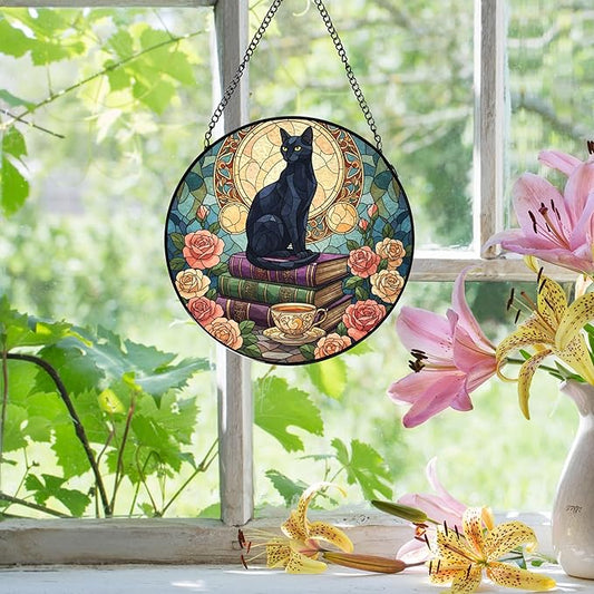 Black Cat Floral Book Stained Glass Window Hanging, Black cat suncatcher,Beautiful Flowers Book Lovers Stained Glass Suncatcher, Book Reader Gifts Round Wall Hanging Decor, 7.9x7.9in
