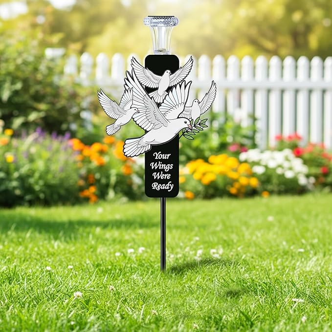 Solar White Dove Memorial Stake - Your Wings were Ready - Waterproof Metal Grave Markers - Cemetery Sympathy Gift with Olive Branch(White Doves)