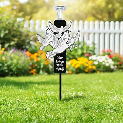 Solar White Dove Memorial Stake - Your Wings were Ready - Waterproof Metal Grave Markers - Cemetery Sympathy Gift with Olive Branch(White Doves)