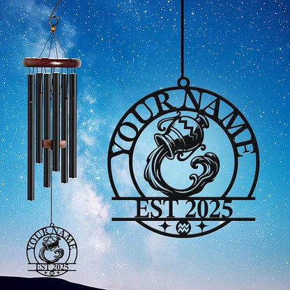 Personalized Customize Name 12 Zodiac Signs Wind Chime, Metal Iron 37 Inch Outdoor Memorial Gift for Garden Yard Patio Home Decor, Black (Aquarius)