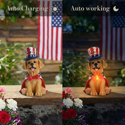 TERESA'S COLLECTIONS 4th of July Puppy Decorations with Solar Light, Memorial Day Resin Garden Dog Figurine for Home, Patriotic Independence Day USA 250th Anniversary Outdoor Yard Porch Gift Decor 8"