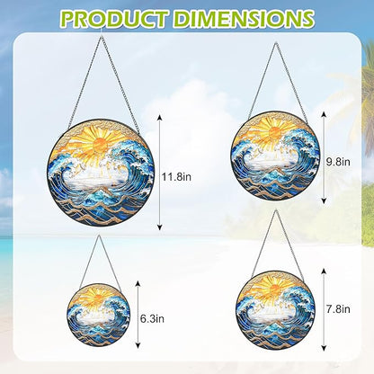 Stained Glass Window Hanging, Blue and White Waves Gold Sunset Suncatcher for Door Garden Kitchen Home Decor, Glass Panel Landscape Sun Catchers for Birthday for Women, Men, Wife, Aunt, and Mom 7.8 in