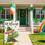 Heyfibro Welcome St. Patrick's Day Garden Flag 12x18 Double Sided Burlap, Highland Cow with Shamrock Bouquet & Green Plaid Scarf Yard Flag for Spring Seasonal Irish Farmhouse Outdoor Decor(ONLY FLAG)