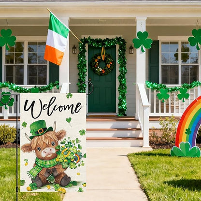 Heyfibro Welcome St. Patrick's Day Garden Flag 12x18 Double Sided Burlap, Highland Cow with Shamrock Bouquet & Green Plaid Scarf Yard Flag for Spring Seasonal Irish Farmhouse Outdoor Decor(ONLY FLAG)