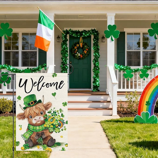 Heyfibro Welcome St. Patrick's Day Garden Flag 12x18 Double Sided Burlap, Highland Cow with Shamrock Bouquet & Green Plaid Scarf Yard Flag for Spring Seasonal Irish Farmhouse Outdoor Decor(ONLY FLAG)