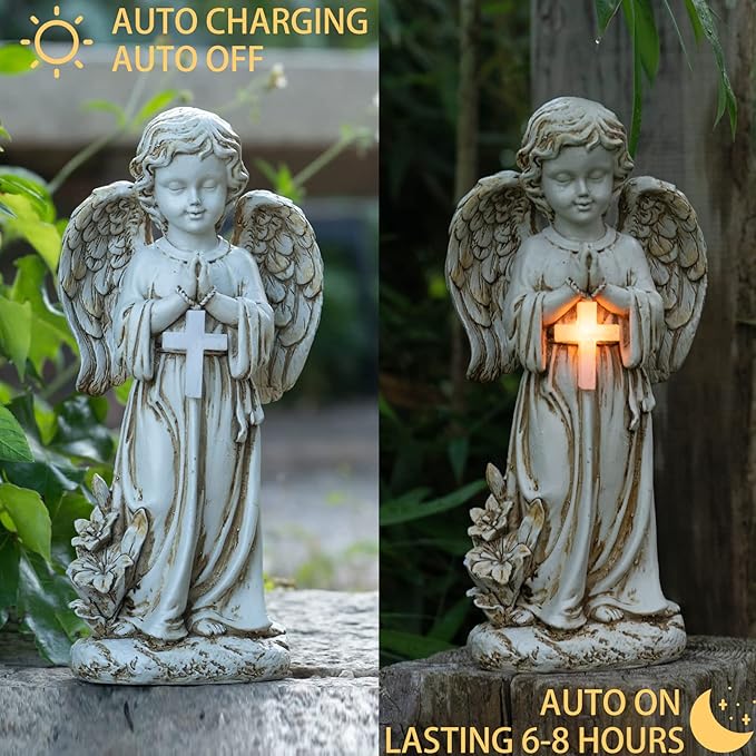 Rezpuao Angel Statue for Garden,Solar Angel for Cemetery Decorations,Garden Memorial Angels,Resin Praying Angels Figurine for Patio Lawn Yard Porch Decorations,12.12inch