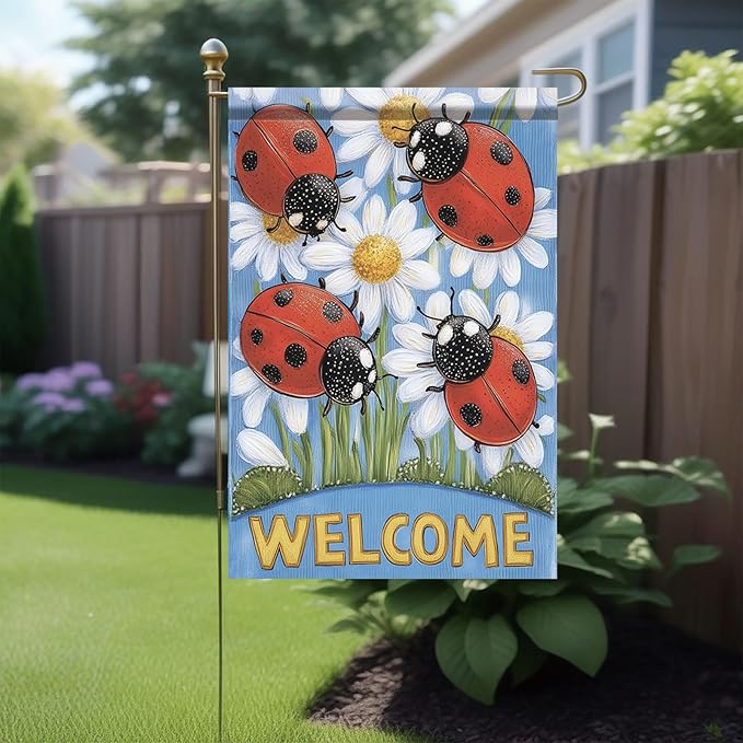 Spring Summer Garden Flag 12x18 Inch Ladybug Welcome Daisy Floral Design Outdoor Yard Porch Lawn Garden for Seasonal Farmhouse Country Home Decor