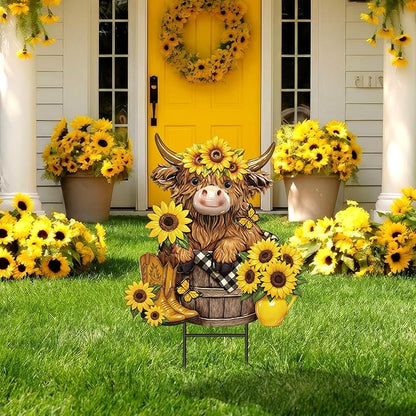 Amyhill Highland Cow Outdoor Decor Metal Garden Stakes Summer Sunflowers Yard Signs Farmhouse Floral Cattle Waterproof Lawn Sign Outdoor Decorations for Summer Holiday Garden Lawn Decor