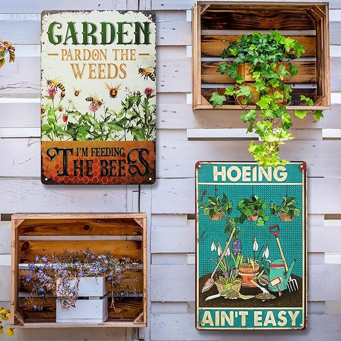 MorningRo 2 Pcs Funny Metal Tin Garden Sign 12'' x 8'' Gifts for Plant Lovers Women Grandma Mom Garden Decor Metal Tin Sign for Farmhouse Greenhouse Patio Yard Wall Decor Indoor Outdoor(Home, Bee)