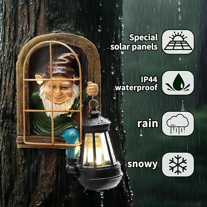 Garden Gnome Decor Outdoor Statue - Gnome With Solar Waterproof Lantern, Whimsical Elf Out The Door Tree Hugger Garden Statues, Home, Fence, Patio, Resin Ornament, Gardening Gift Tree Faces Gnomes