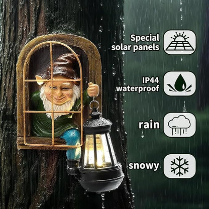 Garden Gnome Decor Outdoor Statue - Gnome With Solar Waterproof Lantern, Whimsical Elf Out The Door Tree Hugger Garden Statues, Home, Fence, Patio, Resin Ornament, Gardening Gift Tree Faces Gnomes