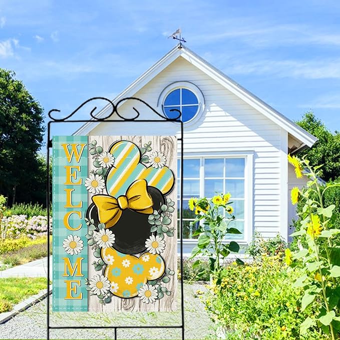Welcome Spring Decorative House Flag, Daisy Flower Yellow Teal Plaid Stripes Garden Yard Outside Decorations, Summer Farmhouse Outdoor Large Home Decor Double Sided 28 x 40